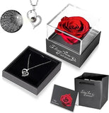 Mothers Day Gift for Her -Preserved Real Red Rose with I Love You Necklace -Eternal Flowers Gifts for Women Valentine Card and Gift Bag Mom Wife Girlfriend, Mothers Day